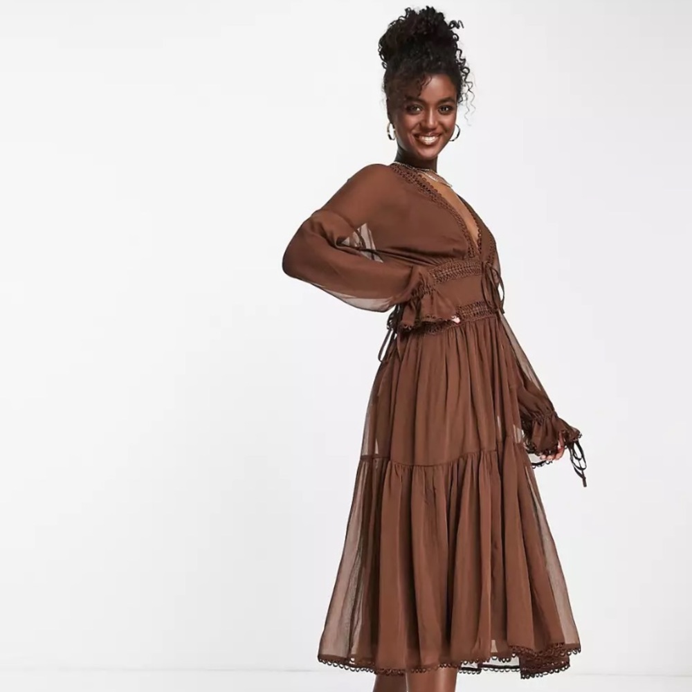 ASOS DESIGN lace insert midi dress with blouson sleeve and tie detail
